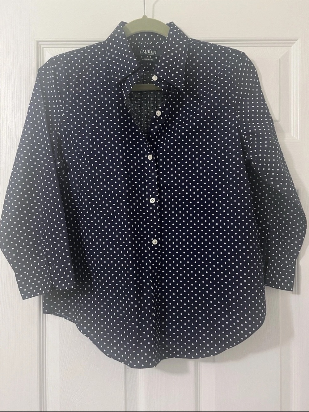 Ralph Lauren Non Iron Women’s Navy White Polka Dot Bottom Down Blouse Petite Med